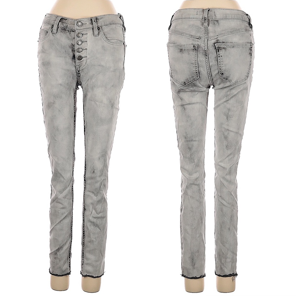 FREE PEOPLE rare gray marble acid wash exposed button fly raw hem jeans size 26